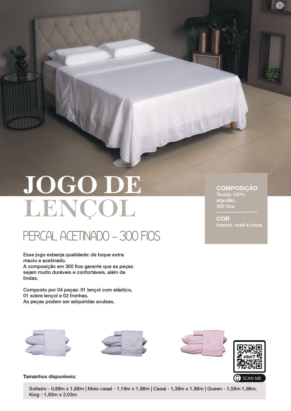 Página de catálogo do jogo de lençol percal acetinado 300 fios
