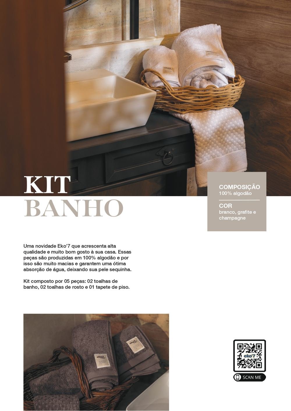 Página de catálogo do kit banho com toalhas e tapete de piso